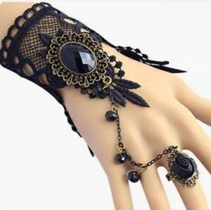 Gothic Black Lace Slave Bracelet & Ring Set – Victorian Rose Accent 🌹